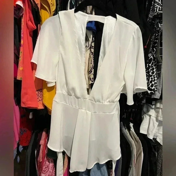 White Deep Plunge Dressy Top Peplum Chiffon Satin - Picture 8 of 10